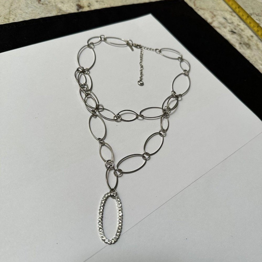 Signed Daisy Fuentes Silver Tone Layered Necklace With Rhinestone Loop